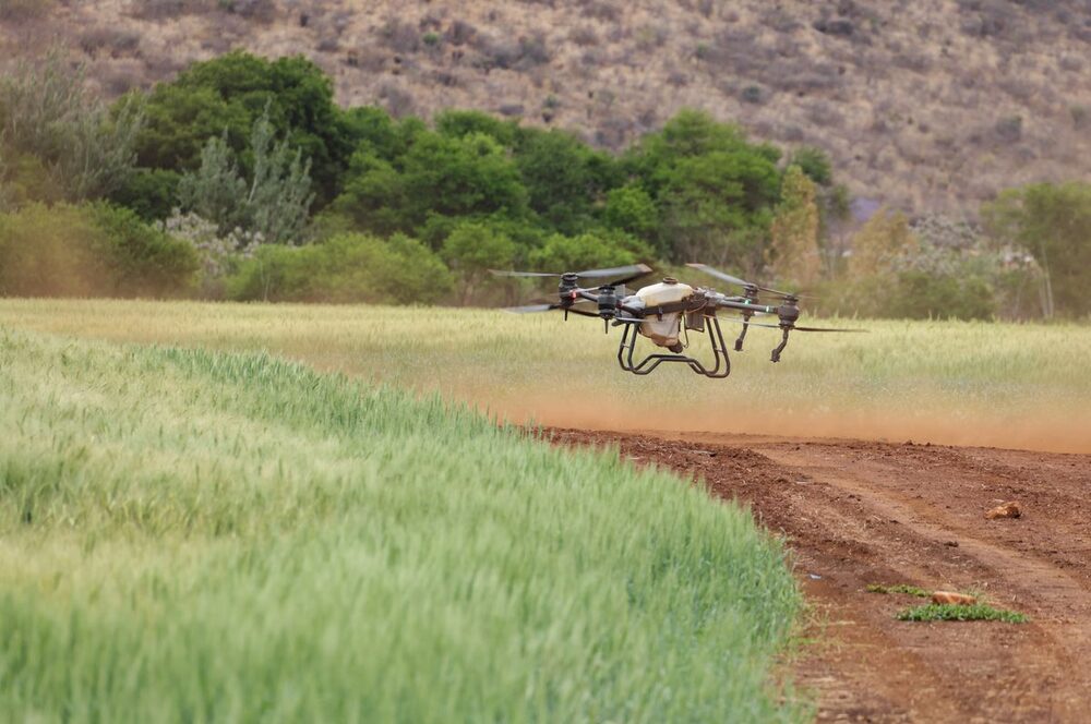 Dron agrícola sobrevolando un cultivo